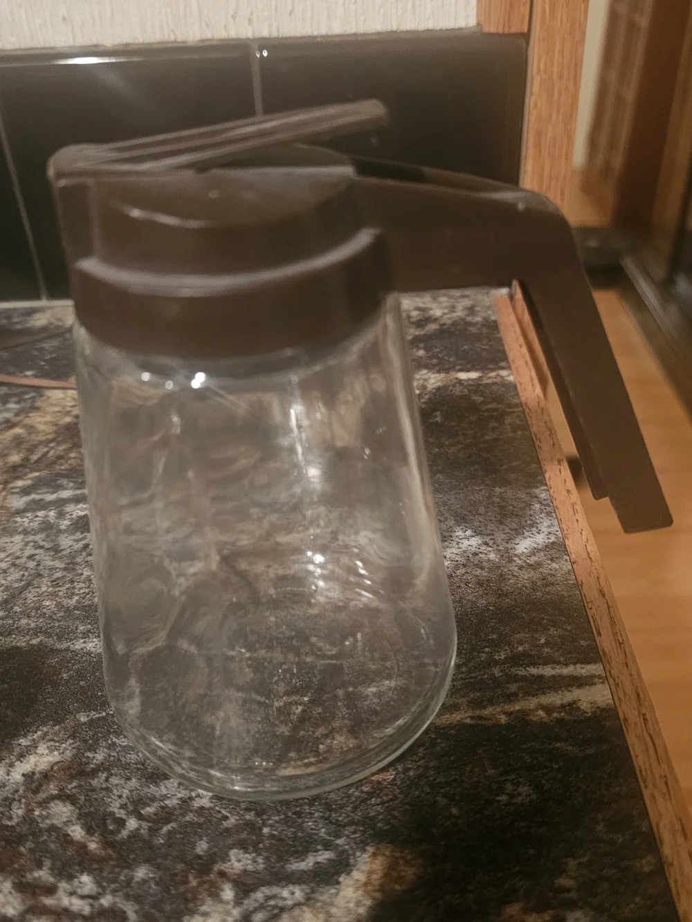 Glass Syrup Dispenser with Dark Brown Lid and Pour Spout
